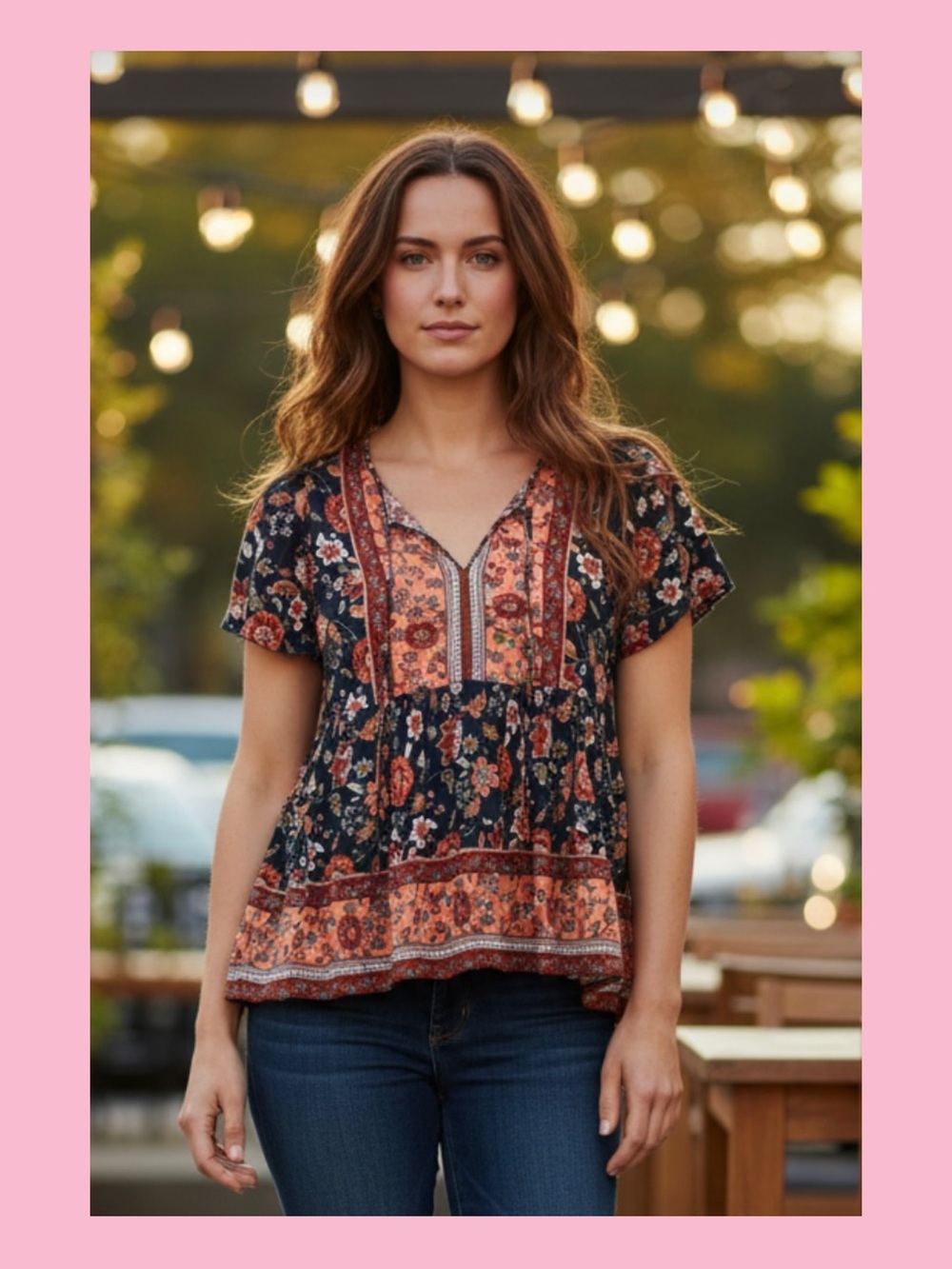 Source Unknown Navy and Rust Floral Boho Peasant Top